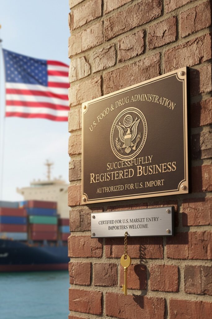 A bronze plaque mounted on a brick wall displays U.S. Food & Drug Administration registration status with a cargo ship and American flag in the background.